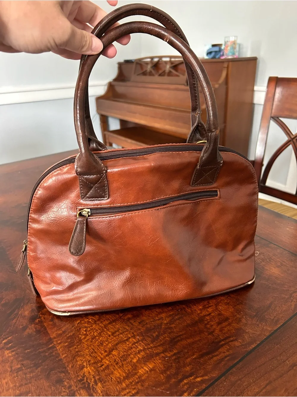Stone & Co Purse Handbag Faux Leather Two Toned Brown Vintage Domed Satchel